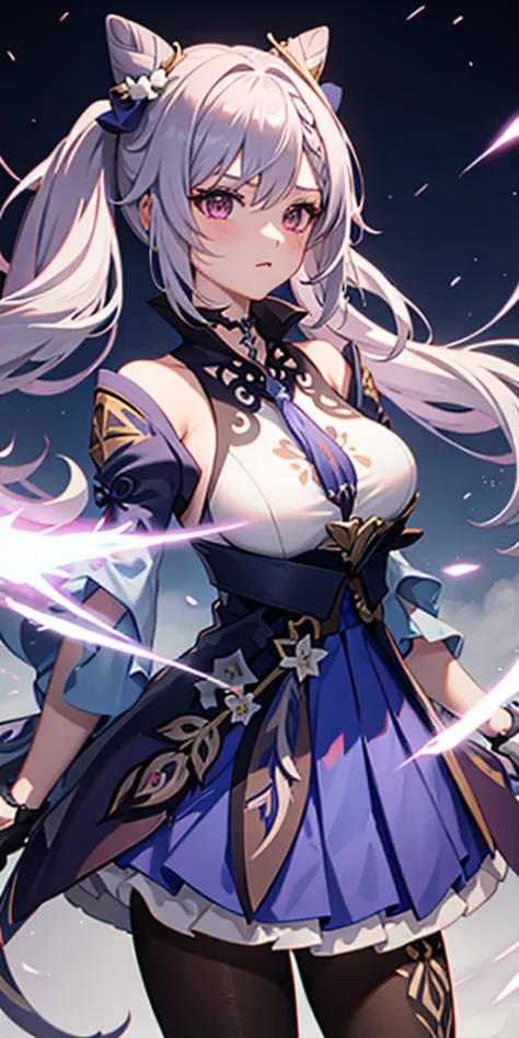 1个Giant Breast Girl, Japanese clothes, pony tails ,White hair, a purple eye, Magic Array, blue flame, blue flame, the wallpaper,...