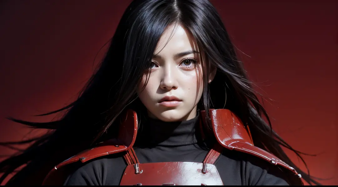 (masterpiece, best quality:1.2), red background, cowboy shot, solo, female focus, 1girl, uchiha madara, expressionless, looking ...