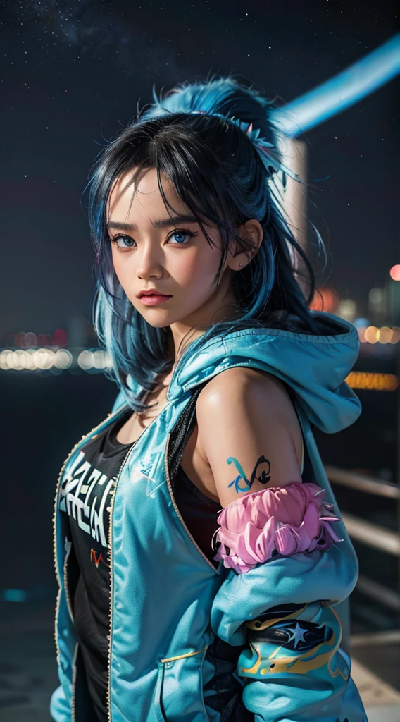 (masterpiece), best quality, ultra high res,little girl, cyberpunk 1girl flying above stunning cityscape ,hoodie,blue hair,  neon color shooting stars, very long hair, off shoulder, feather hair ornament, neon colors, flashes, stunning night sky, cinematic lighting, photorealistic, realistic skin, HDR,fisheye