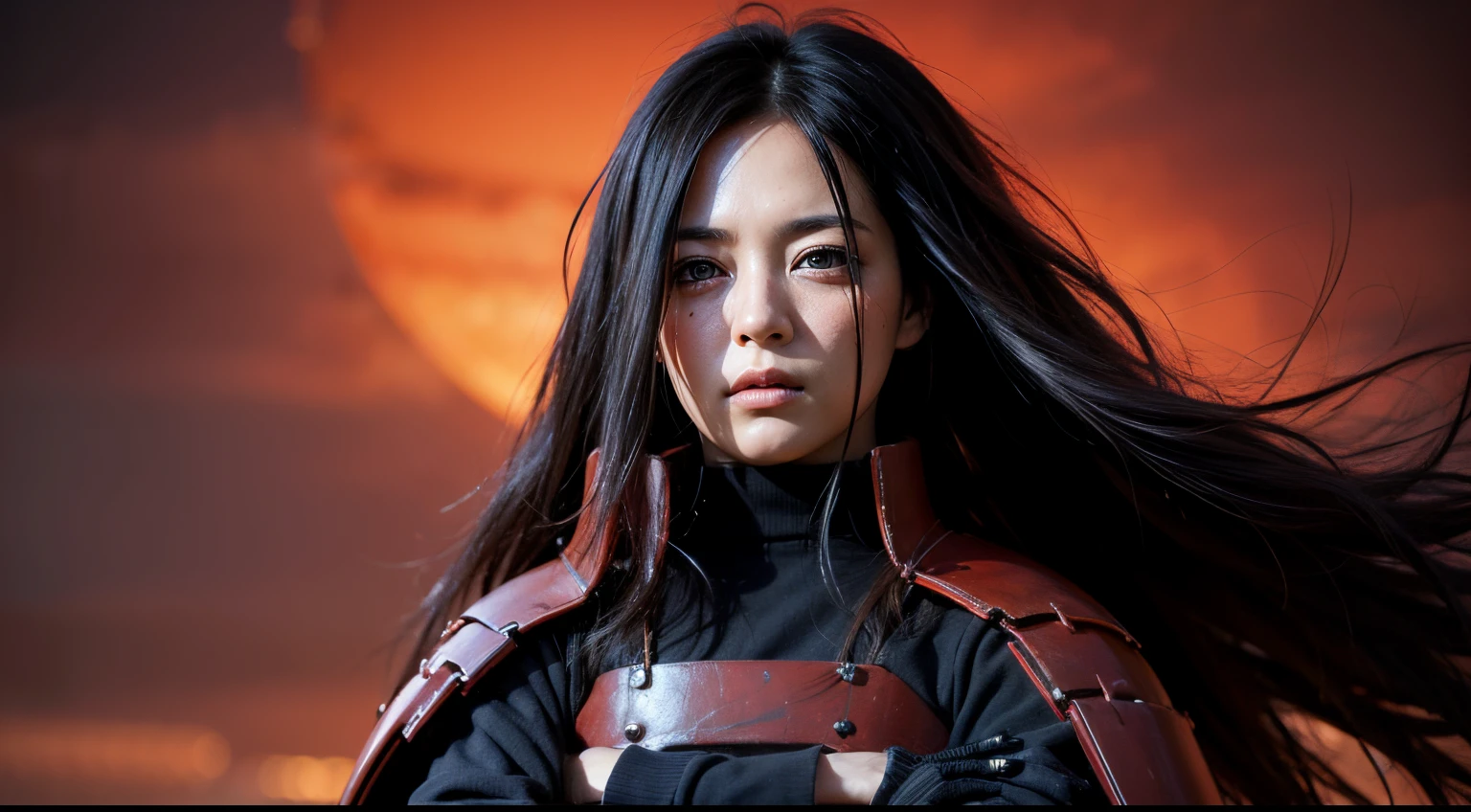 (masterpiece, best quality:1.2), red background, cowboy shot, solo, female focus, 1girl, uchiha madara, expressionless, looking at viewer, crossed arms, long hair, hair over one eye, japanese armor, black gloves, upper body, detailed face, detailed eyes, beauty, extremely beautiful face, closed mouth