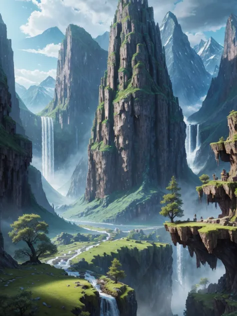 mountains with a waterfall and a few trees in the foreground, impressive fantasy landscape, an epic landscape, fantasy matte pai...