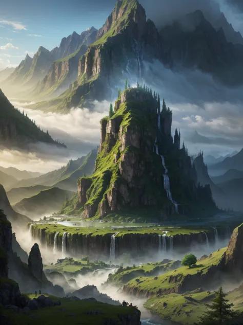 mountains with a waterfall and a few trees in the foreground, impressive fantasy landscape, an epic landscape, fantasy matte pai...