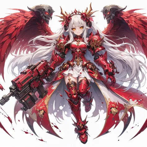 (masutepiece, Best Quality), Ultra-detailed, Anime style, devil girl full body, blood red power armor, warhammer 40k, White hair, golden eyes, and tears of blood, giant wing, high heels boots, Digital Painting, 8K High Resolution, trend artstation, White b...