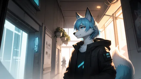 cyberpunk fox, beautiful light and shadow on handsome face with light blue hair、ambient light、ultra-fine fur、volumetric light is...