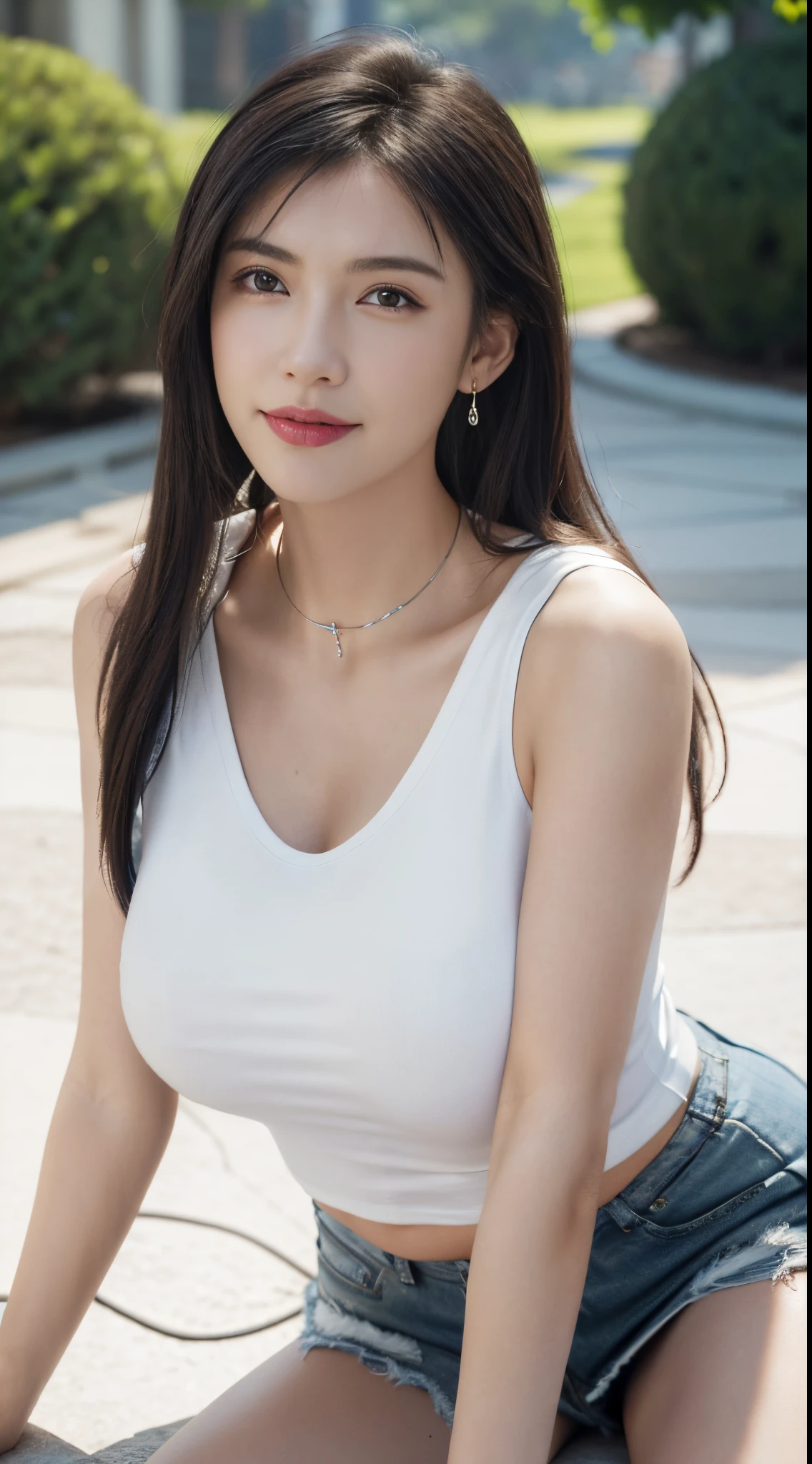 A close up of a woman sitting on a sidewalk wearing a white top - SeaArt AI