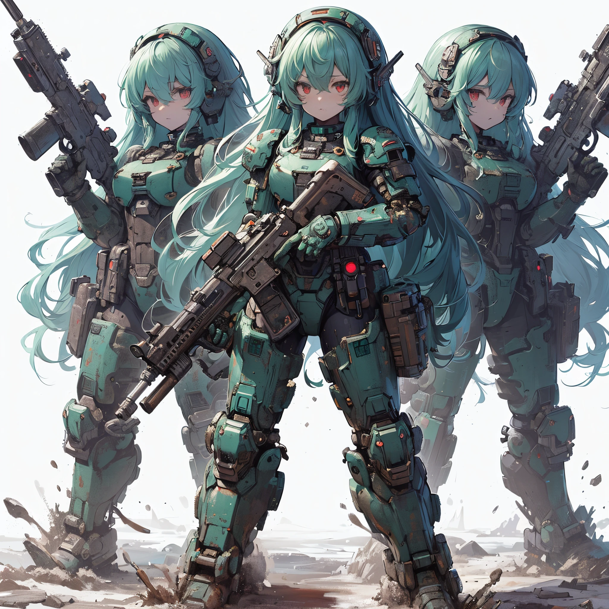 (Masterpiece, best quality), (perfect athlete body: 1.2), (detailed hair), super detailed, anime style, full body, solo, Space Marine girl, wearing sea green power armor, muddy sea green twin hairstyle with red eyes, both hands hold rifles, wearing high-heeled boots, 8k high resolution, trending art station, standing in wasteland, white background, full length view,
