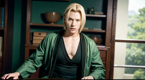 Tsunade, blonde hair, mature male, green coat, chest bandage, solo, man, boy