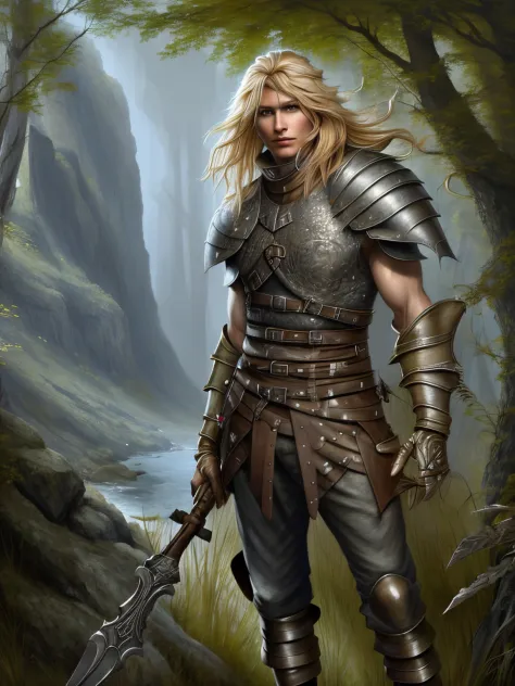 Warrior holding spear in forest, Blonde male warrior, Male blond barbarian, Epic Warrior, Fantasy card game art, epic fantasy ca...