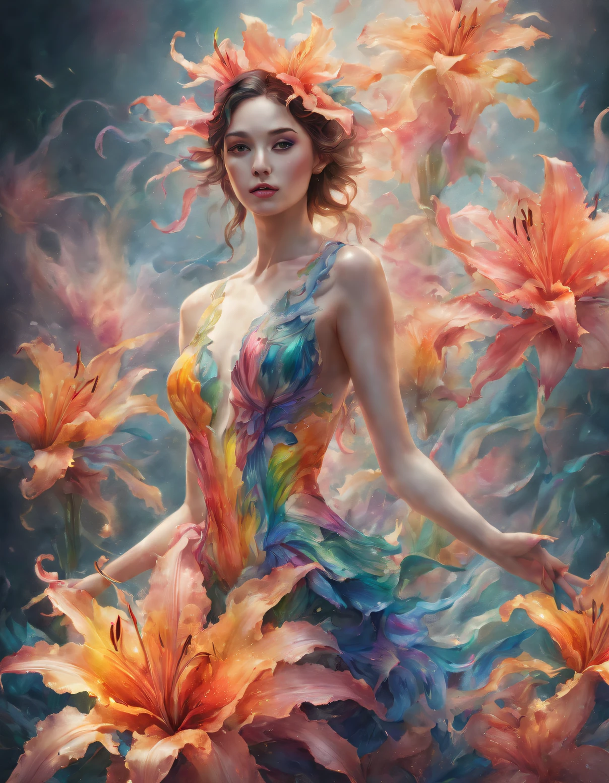 double contact，An explosion of rainbow-colored translucent lilies，Realistic girl，（the lilies：1.1）Rendered by Octane，unreal-engine，Rococo paper cutting，aquarelle，