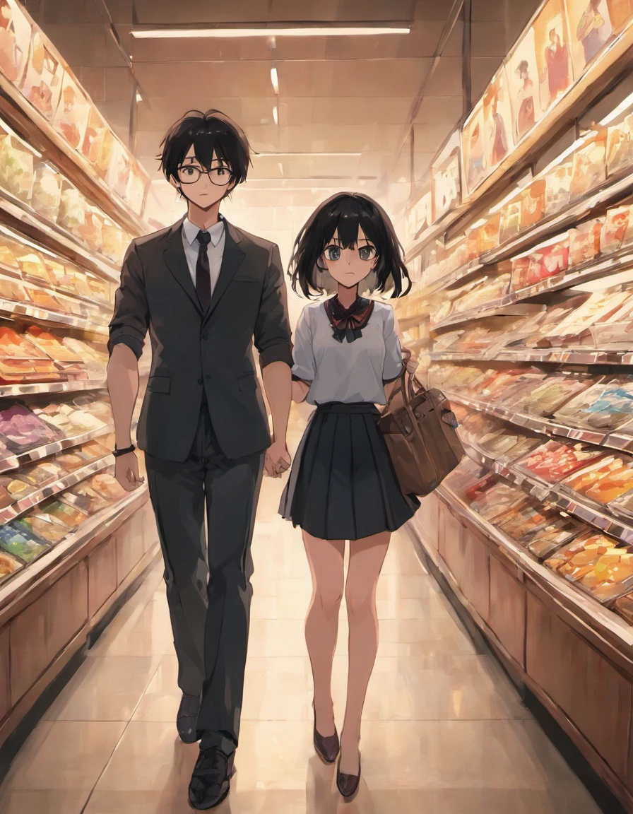 Anime couple walking in a grocery store aisle holding hands - SeaArt AI