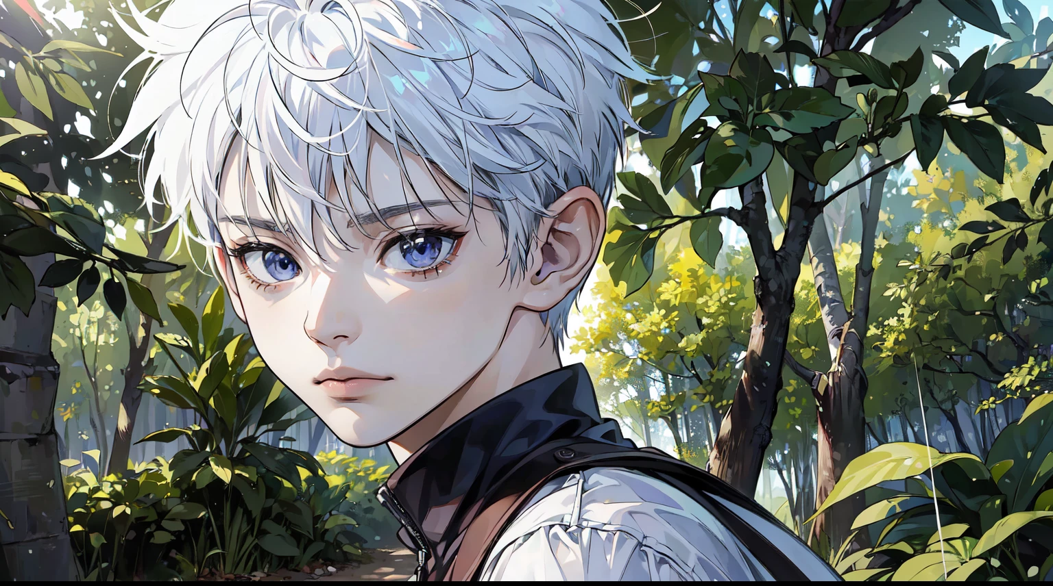 (best quality,ultra-detailed,realistic:1.37),killua, determined expression, in forest