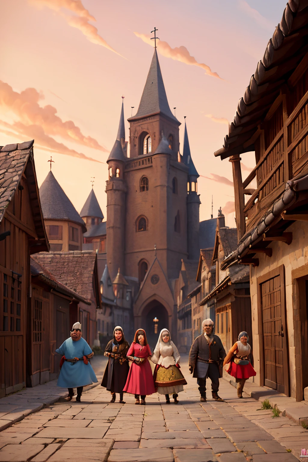 Some dark fantastic beings ,walking down a big street, on a medieval street with houses around, many people in medieval clothes walking down the street. Style pixar