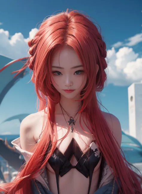 red hair and long hair，nice face，blue and black bikini，heterochromatic pupil，ssmile，apathy，比基尼，full body photo，the soft light