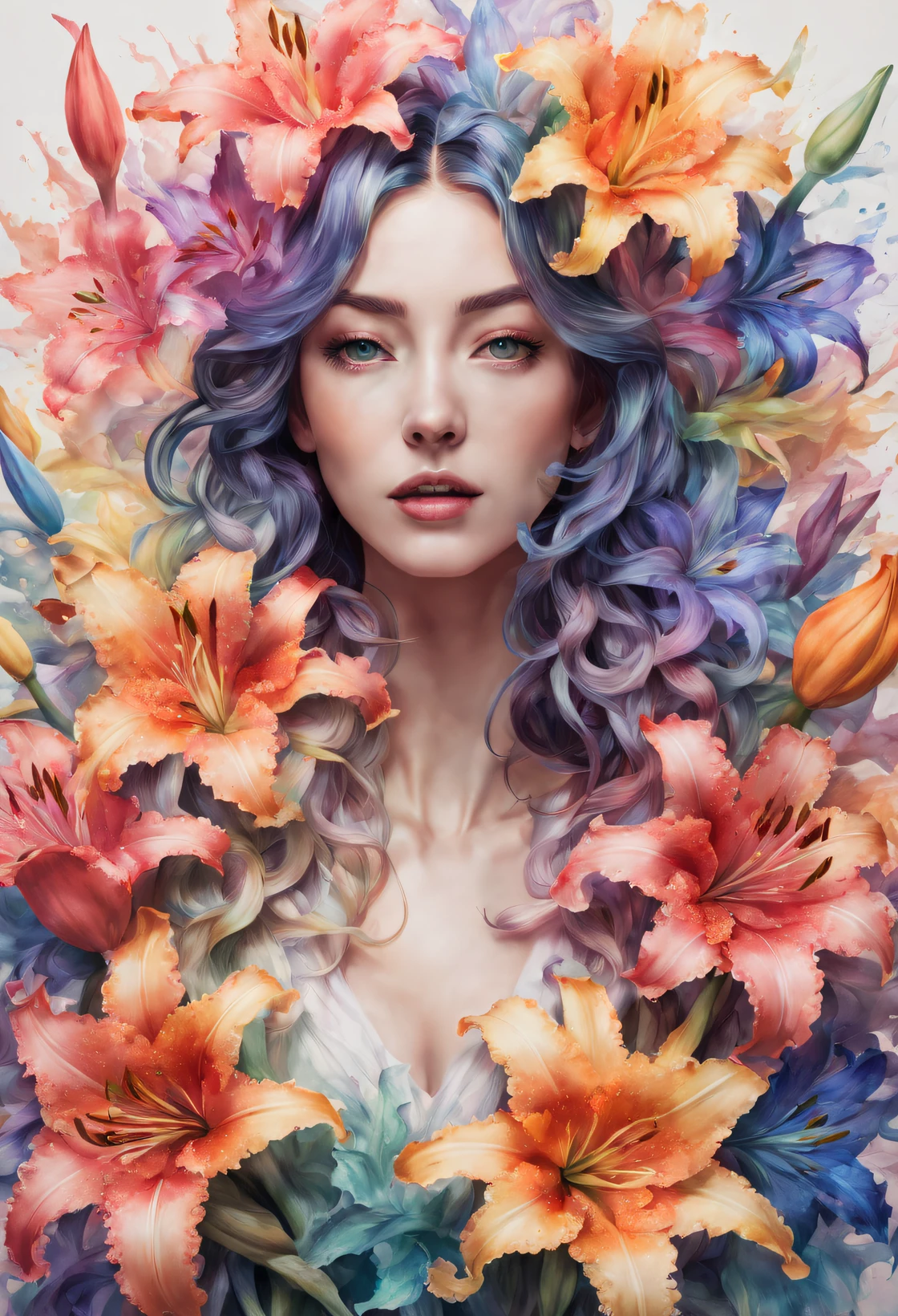 double contact，An explosion of rainbow-colored translucent lilies，Realistic girl，Rendered by Octane，unreal-engine，Rococo paper cutting，aquarelle，
