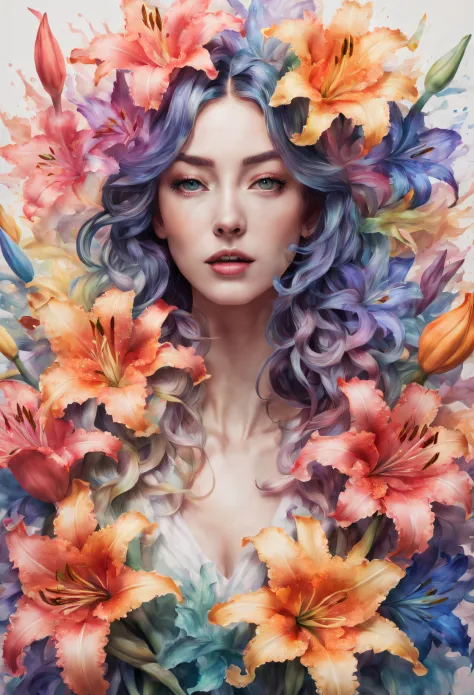 double contact，an explosion of rainbow-colored translucent lilies，realistic girl，rendered by octane，unreal-engine，rococo paper c...