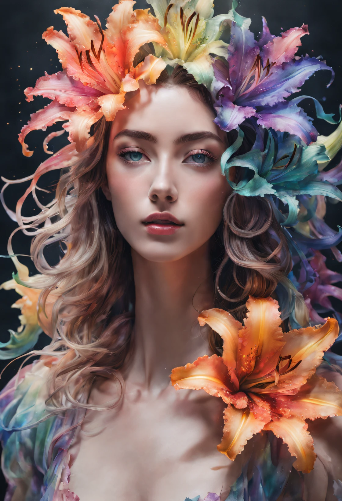 double contact，An explosion of rainbow-colored translucent lilies，Realistic girl，Rendered by Octane，unreal-engine，Rococo paper cutting，aquarelle，