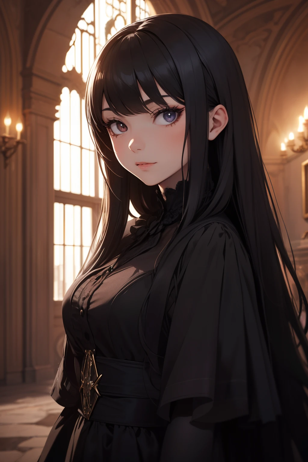 A vampire girl in a castle with full dress and black long hairs, portrait of her face