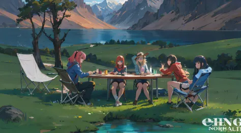 (best quality,Ultra High Definition:1.2),sexy,estilo de anime 2D realista,quatro meninas,acampar nas montanhas