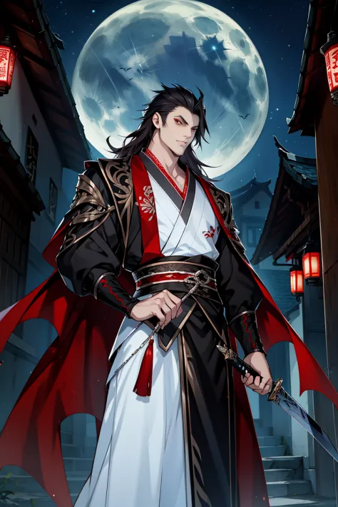 vampire man, Hanfu, long sword, cabelos preto e longos, red eyes，natta，starrysky，rays of moonlight，Asian architecture，Best quali...
