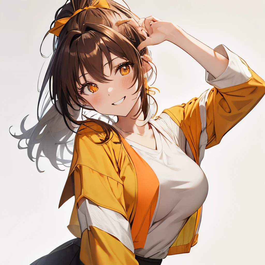 【Highest Quality, masutepiece】 [girl, Manteau, expressioness,deep orange eyes, front facing,dark brown hair,long ponytail hair,yellow knit cloth, Upper body] (Gray white background:1.2),very happy smile,boobs,sexy pose,