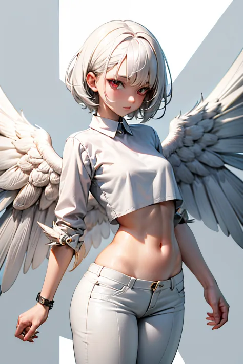 cute girl, short hair, hawk eyes, has wings like a bird, wears a white shirt and short pants,two wings are white, adult girl, tw...