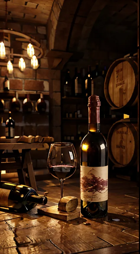 Extreme closeup，Scavenging，tmasterpiece，Wine cellar，((Red wine on the table)), Red wine glasses，bottle opener，many oak barrels，warmly lit，In the wine cellar，c4d，Empty product display scene，Positive point of view，first person perspective