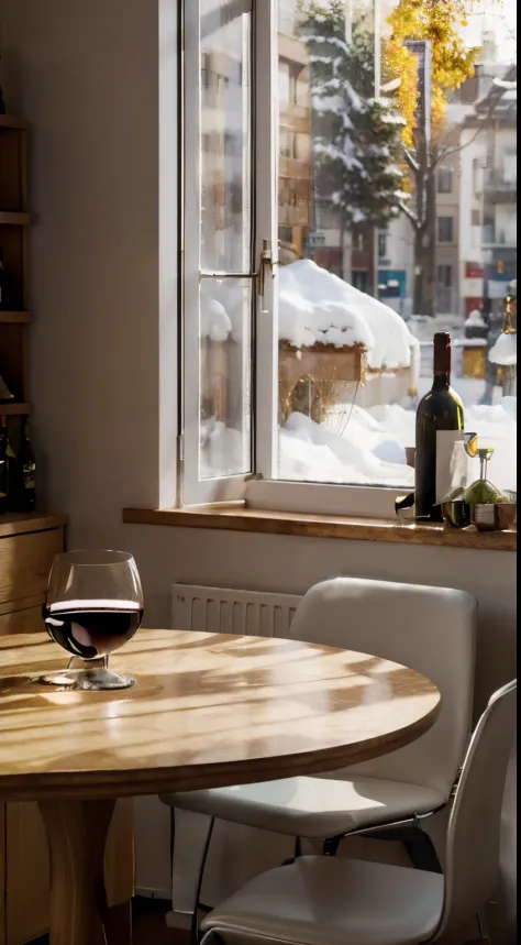 Close-up of the scene，tmasterpiece，dining room，Several tables，A few chairs，(( a wine glass on the table ))，white wine，During the day，Outside the window is the street，Winter sun，Winters，There is snow，c4d，Empty product display scene，Front view，first person p...
