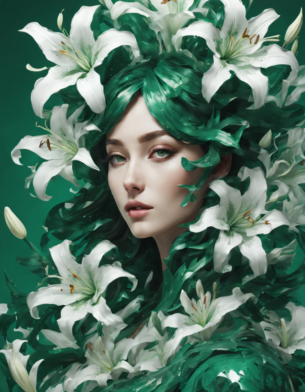 雙觸點，翠绿色和白色百合花的爆炸，女孩的脸部特写，（百合花：1.1）,由 Octane 渲染，虛幻引擎，洛可可剪紙，