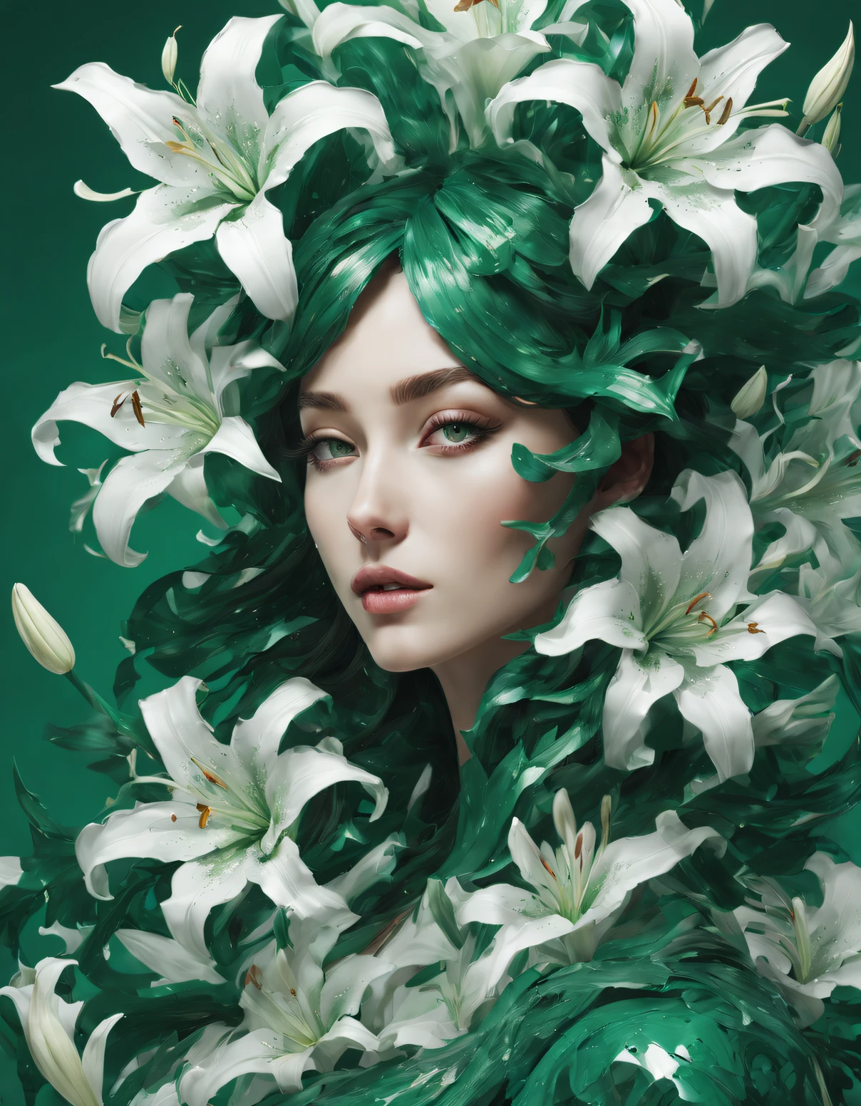 double contact，An explosion of emerald green and white lilies，Close up of girl's face，（the lilies：1.1）,Rendered by Octane，unreal-engine，Rococo paper cutting，