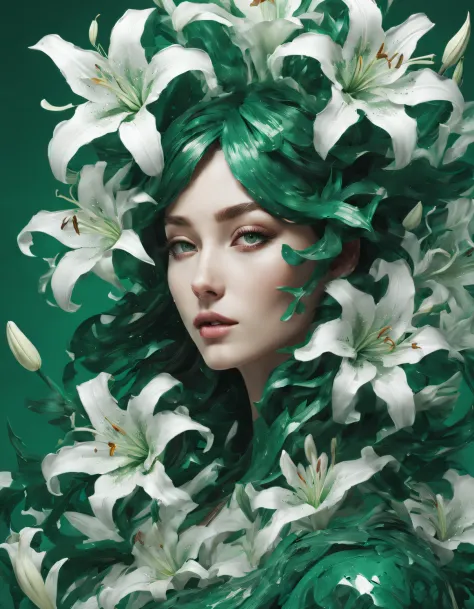 double contact，An explosion of emerald green and white lilies，Close up of girl's face，（the lilies：1.1）,Rendered by Octane，unreal...