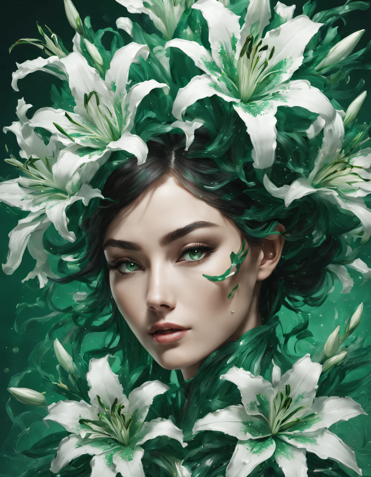 double contact，An explosion of emerald green and white lilies，Close up of girl's face，（the lilies：1.1）,Rendered by Octane，unreal-engine，Rococo paper cutting，