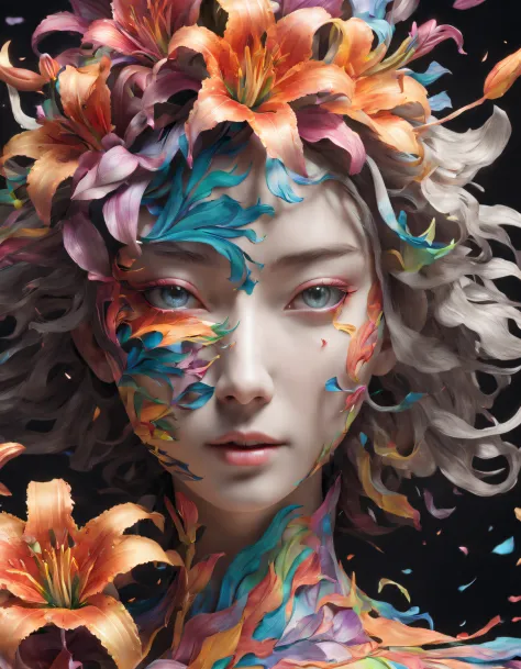double contact，Explosion of rainbow colored lilies，Close-up of girl's face，（the lilies：1.1）,Rendered by Octane，unreal-engine，Roc...