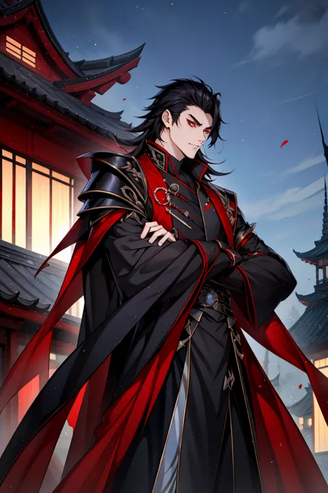 vampire man, Hanfu, Luxurious uniform black clothes，Shoulder armor，Front Shooting，looking at viewert，cabelos preto e longos, red...