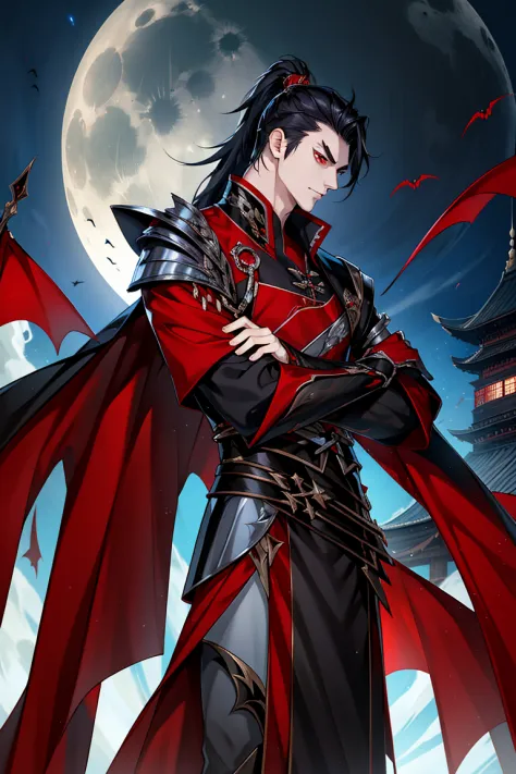vampire man, Hanfu, Luxurious uniform black clothes，Shoulder armor，Front Shooting，looking at viewert，cabelos preto e longos, red...