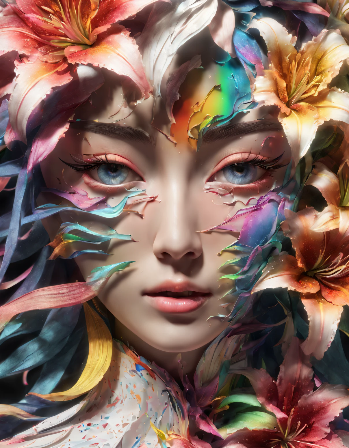 double contact，An explosion of rainbow colored lilies，girl&#39;s frontal close-up，（the lilies：1.1）,Rendered by Octane，unreal-engine，Rococo paper cutting，