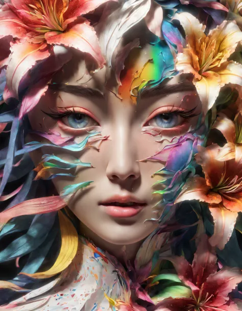 double contact，An explosion of rainbow colored lilies，girl&#39;s frontal close-up，（the lilies：1.1）,Rendered by Octane，unreal-eng...