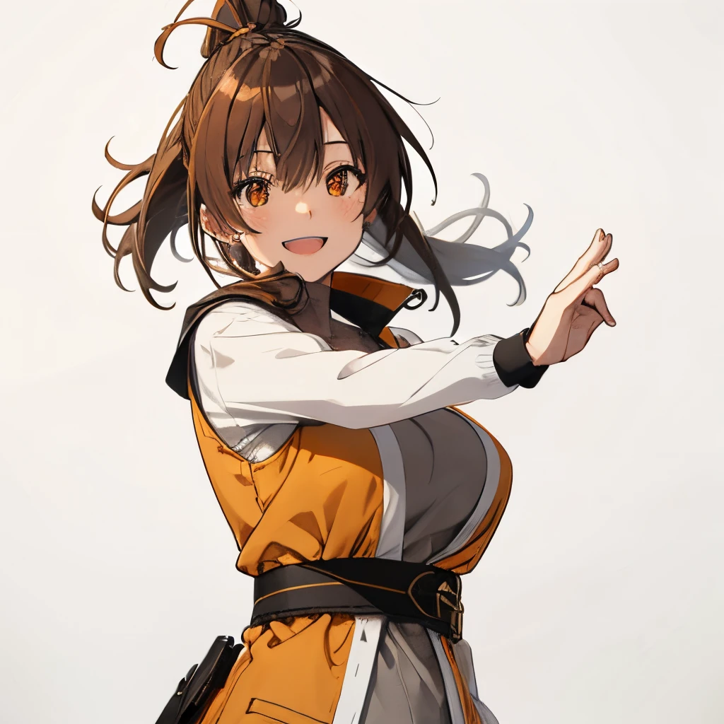 【Highest Quality, masutepiece】 [girl, Manteau, expressioness,deep orange eyes, front facing,dark brown hair,long ponytail hair,yellow knit cloth, Upper body] (Gray white background:1.2),very happy smile,,