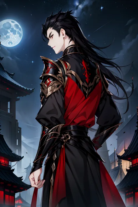A vampire, Hanfu, elegantly uniform black clothing, shoulder armor, long black hair, red eyes, nighttime, starry sky, moonlight,...
