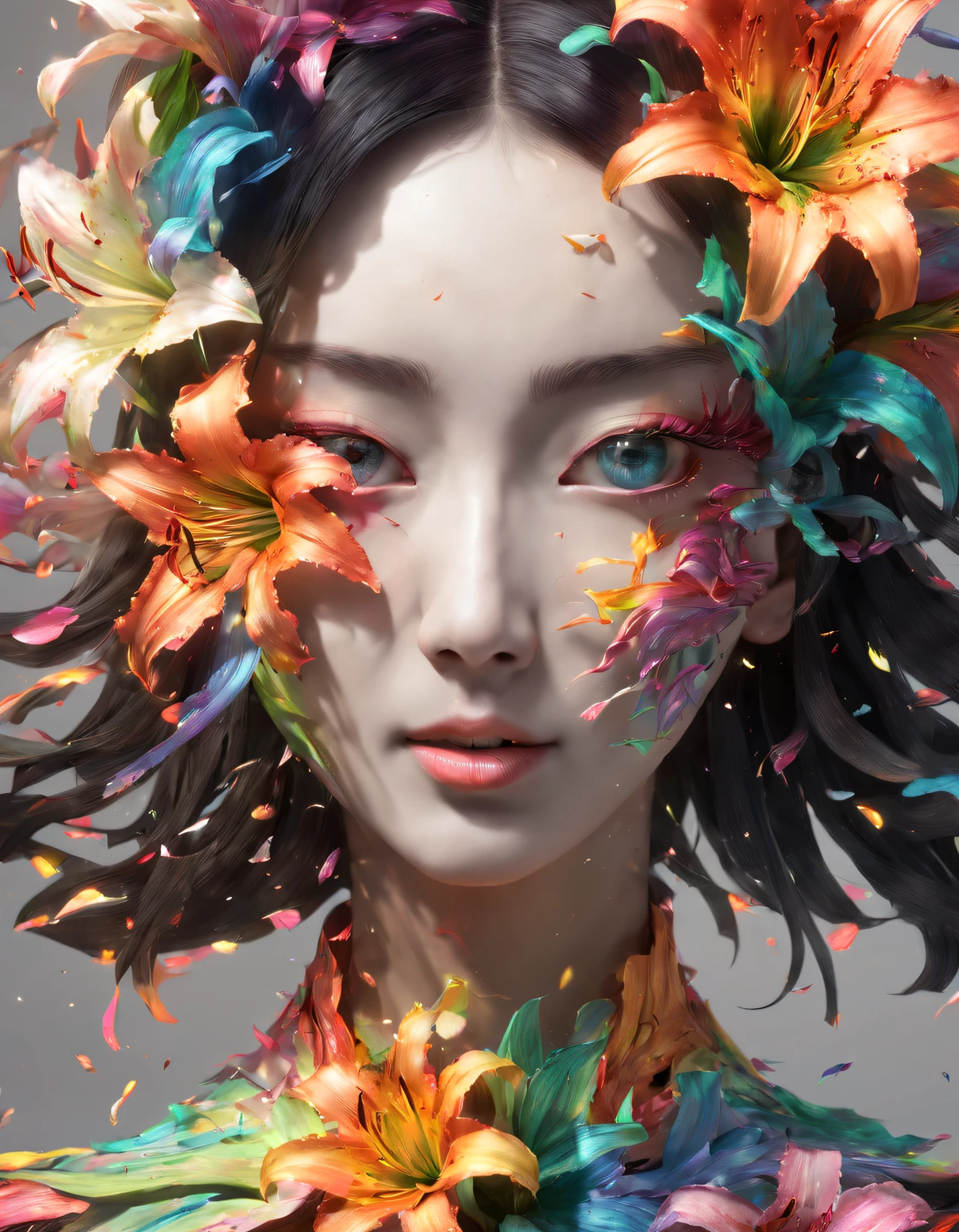 double contact，An explosion of rainbow colored lilies，girl&#39;s frontal close-up，（the lilies：1.1）,Rendered by Octane，unreal-engine，Rococo paper cutting，