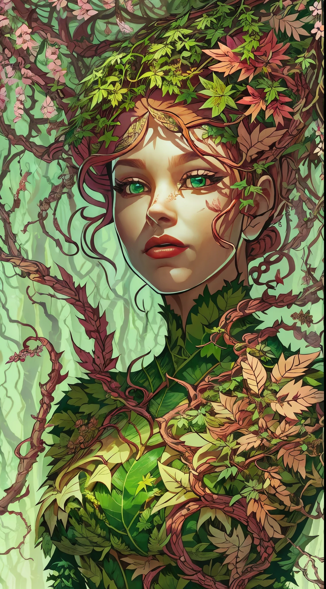 (mother of nature,green skin:green:1.1,red head:1.1) A mesmerizing image of Poison Ivy comes to life in vivid colors. Her beautiful, pale green skin stands out, radiating an ethereal glow. Her hair, a fiery red cascade, frames her face with wild elegance. Looking closer, you notice her enchanting eyes, filled with both mystery and power.

She stands confidently, her figure adorned with lingerie made entirely of intricately crafted leaves. Each leaf is carefully placed, forming a mesmerizing pattern that accentuates her natural beauty. The leaves, in various shades of green, seem to mimic the plants surrounding her, perfectly blending her with the lush environment.

Poison Ivy extends her hand, effortlessly commanding the plants around her. Green vines sprout from the ground, twisting and curving under her control. They dance gracefully in the air, forming intricate patterns and shapes. Some vines reach towards her, while others create an enchanting canopy above her, casting wavy shadows on her face.

The air is filled with the scent of nature, fresh and invigorating. The atmosphere seems to vibrate with life, as the leaves rustle softly in the gentle breeze. The surroundings are an oasis of greenery, with an abundance of vibrant plants and foliage that stretch as far as the eye can see.

In this masterpiece of art, the level of detail is astonishing. Every aspect of Poison Ivy, down to the tiniest veins on the leaves, is defined with precision and realism. The lighting is carefully crafted, illuminating her delicate features and enhancing the overall atmosphere. The colors are vivid and rich, showcasing the beauty of the natural world that she commands.

As you gaze at this stunning artwork, you can't help but be captivated by the allure and power of Poison Ivy, the Mother of Nature. She embodies the essence of the wild and the untamed, a force to be reckoned with.