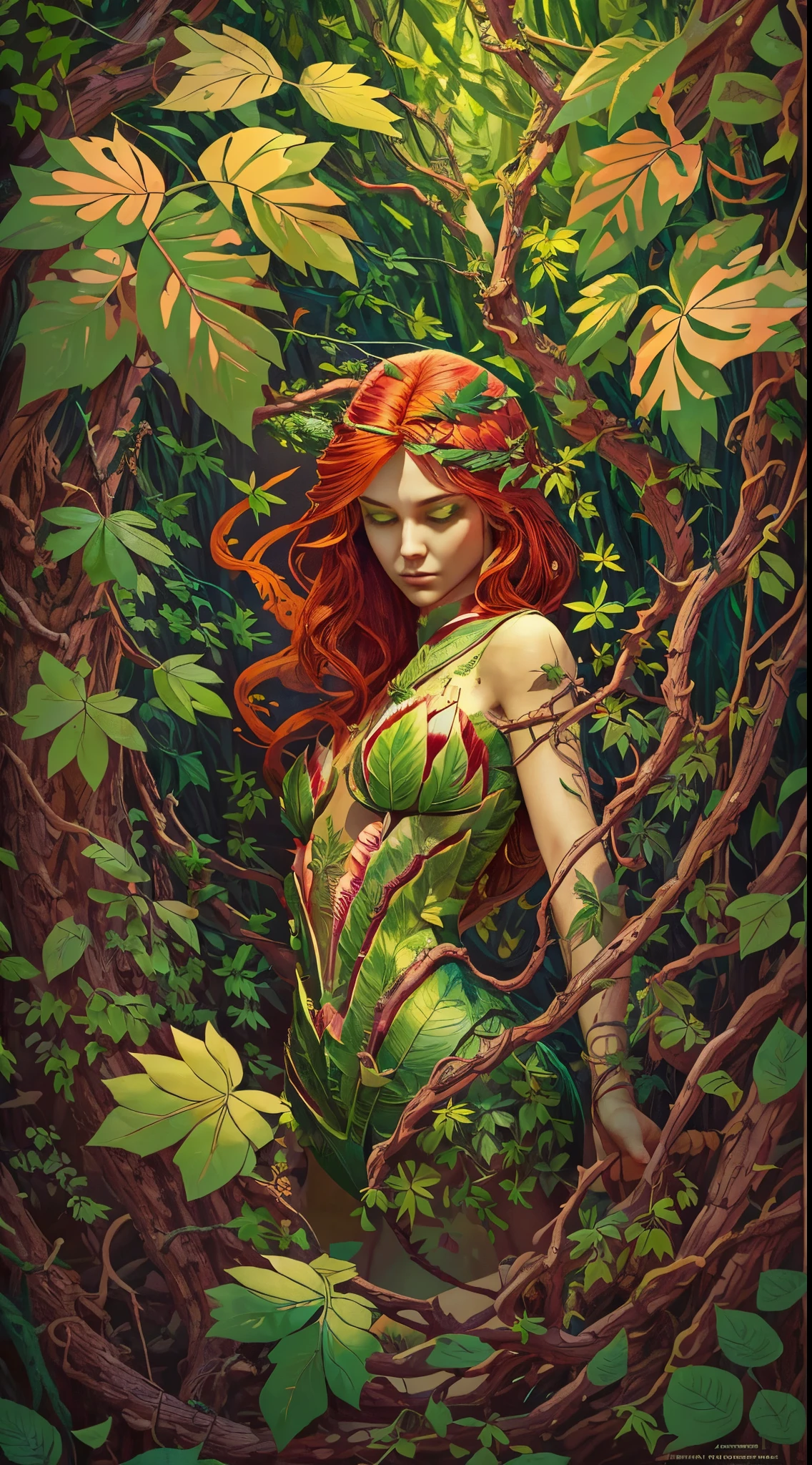 (Mutter der Natur,Grün skin:Grün:1.1,Roter Kopf:1.1) Ein faszinierendes Bild von Poison Ivy erwacht in lebendigen Farben zum Leben. Ihre schöne, pale Grün skin stands out, strahlt ein ätherisches Leuchten aus. Ihre Haare, eine feurig rote Kaskade, umrahmt ihr Gesicht mit wilder Eleganz. Bei näherer Betrachtung, Sie bemerken ihre bezaubernden Augen, voller Geheimnisse und Macht.

Sie steht selbstbewusst, Ihre Figur ist mit Dessous geschmückt, die vollständig aus aufwendig gearbeiteten Blättern bestehen. Jedes Blatt wird sorgfältig platziert, bildet ein faszinierendes Muster, das ihre natürliche Schönheit betont. Das Laub, in various shades of Grün, scheinen die Pflanzen um sie herum zu imitieren, Sie fügt sich perfekt in die üppige Umgebung ein.

Poison Ivy streckt ihre Hand aus, mühelos die Pflanzen um sie herum befehligend. Grüne Reben sprießen aus dem Boden, sich unter ihrer Kontrolle drehen und biegen. Sie tanzen anmutig in der Luft, Bildung komplizierter Muster und Formen. Einige Reben reichen ihr entgegen, während andere ein bezauberndes Baldachin über ihr bilden, wirft wellige Schatten auf ihr Gesicht.

Die Luft ist erfüllt vom Duft der Natur, frisch und belebend. Die Atmosphäre scheint vor Leben zu vibrieren, während die Blätter leise in der sanften Brise rascheln. The surroundings are an oasis of Grünery, mit einer Fülle lebendiger Pflanzen und Blätter, die sich soweit das Auge reicht erstrecken.

In diesem Meisterwerk der Kunst, Der Detailgrad ist erstaunlich. Jeder Aspekt von Poison Ivy, bis in die kleinsten Blattadern, ist präzise und realistisch definiert. Die Beleuchtung ist sorgfältig gefertigt, Ihre zarten Gesichtszüge werden hervorgehoben und die Gesamtatmosphäre wird verbessert. Die Farben sind lebendig und reichhaltig, zeigt die Schönheit der Natur, die sie beherrscht.

Wenn Sie dieses atemberaubende Kunstwerk betrachten, Sie können nicht anders, als von der Faszination und Kraft von Poison Ivy fasziniert zu sein, die Mutter der Natur. Sie verkörpert die Essenz des Wilden und Ungezähmten, Eine Kraft, mit der man rechnen muss.