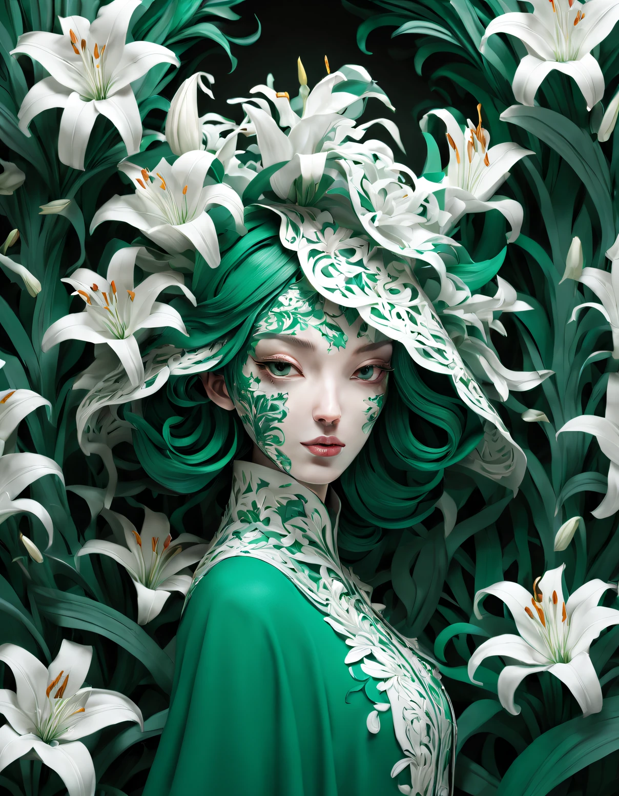 double contact，（girl covered with lilies），（girl wearing lilies），emerald and white，,Rendered by Octane，unreal-engine，Rococo paper cutting，Fantasyart，Surreal