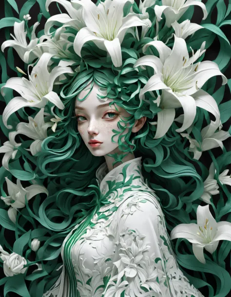 double contact，（girl covered with lilies），（girl wearing lilies），emerald and white，,Rendered by Octane，unreal-engine，Rococo paper...
