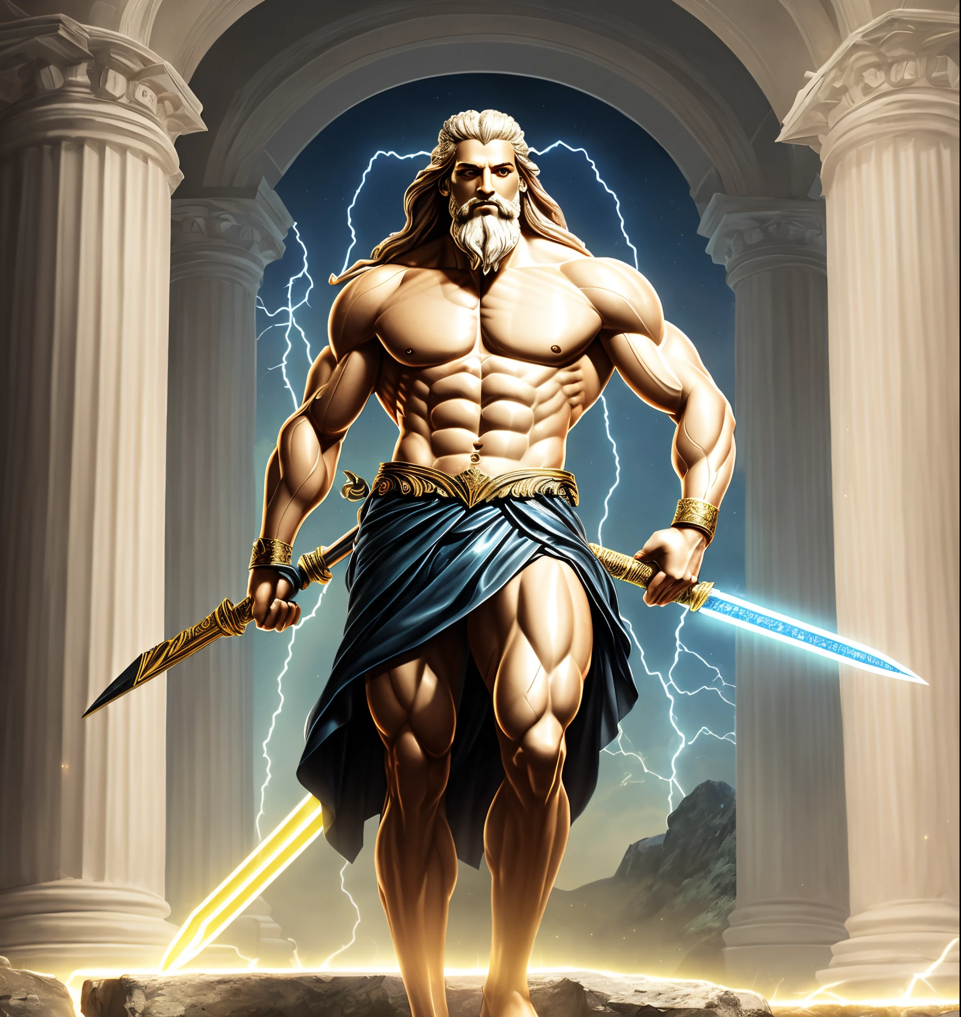 Full body shot of zeus, glowing lights, highly detailed, digital painting, smooth, sharp focus, illustration, on mount olympus, throne, a lightning sword