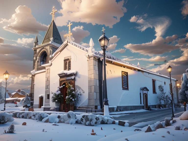 there is a white church with a clock tower and a lamppost, igreja, bispo do rosario, vista externa, monastery, vista Fora, visto de fora, rosalia vila i tobella, Arrendajo em Avila Pinewood, fora, vista frontal, vista frontal, idade, Completo - Vista, aldeia, igreja na madeira, catedral da igreja, neve por todo lado,