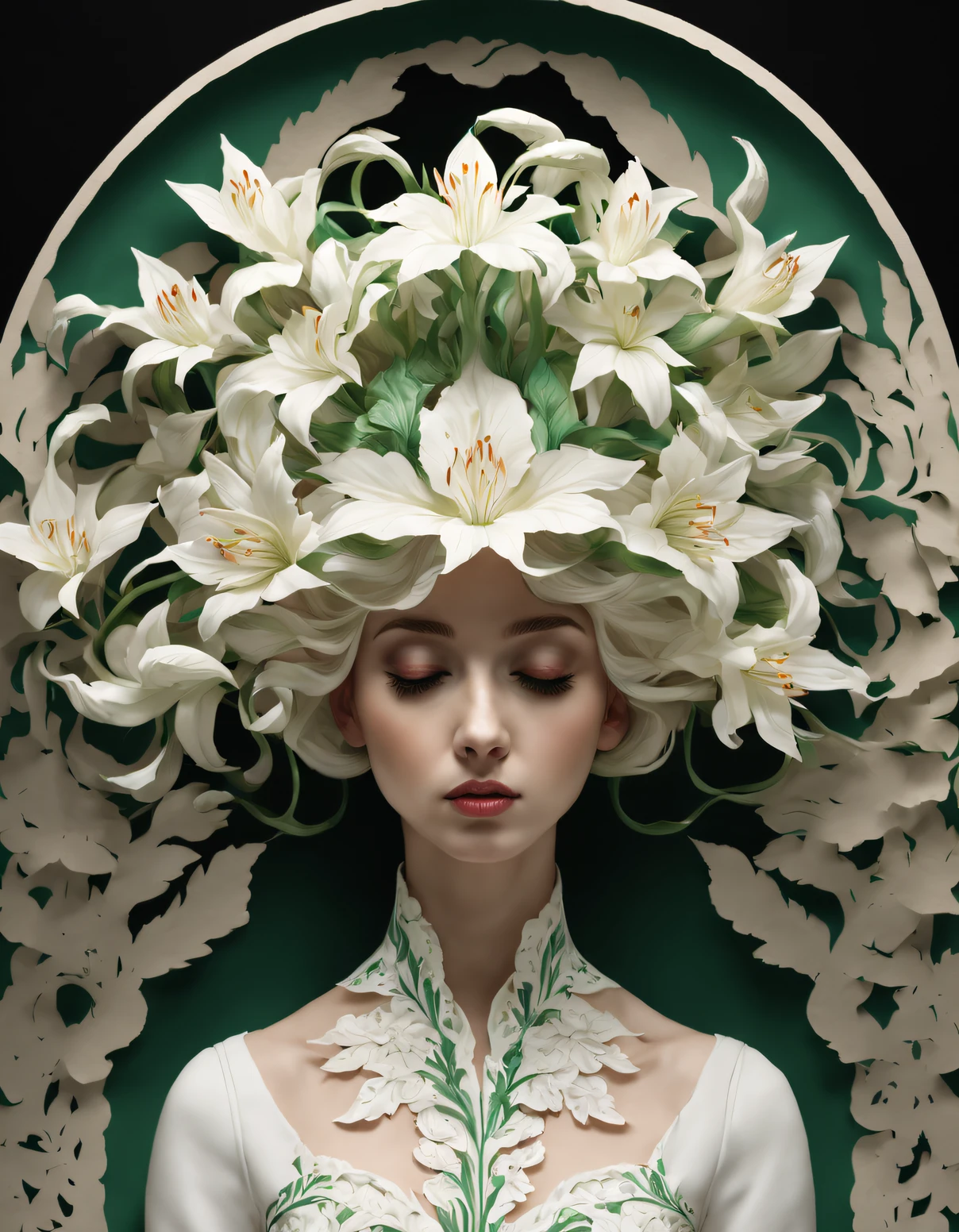 Amy Judd-Stil，（Mädchen mit Lilien bedeckt），（Mädchen trägt Lilien），（Lilie Haar），Smaragd und Weiß，,Gerendert von Octane，Unreal Engine，Rokoko-Papierschnitt，Fantasiekunst，surreal