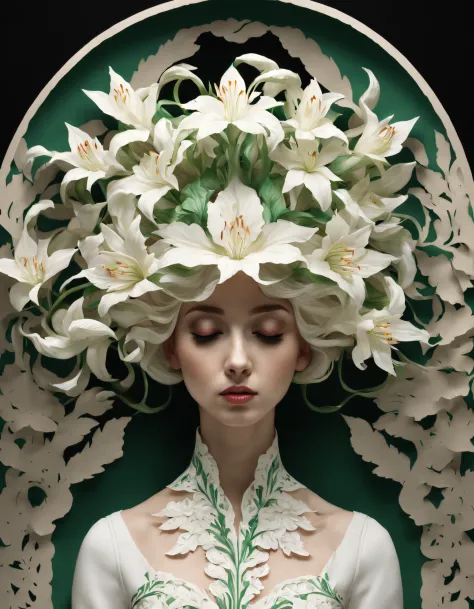 amy judd style，（girl covered with lilies），（girl wearing lilies），（lily hair），emerald and white，,Rendered by Octane，unreal-engine，...