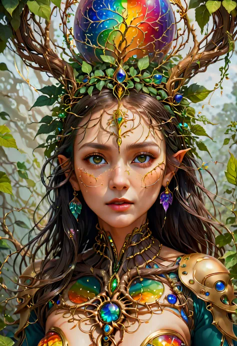 Plant Maiden，Vine Princess，Witch of Thorns，Beautiful line art photo，Use gold strokes and rainbow paint，Golden Maiden，the golden ...