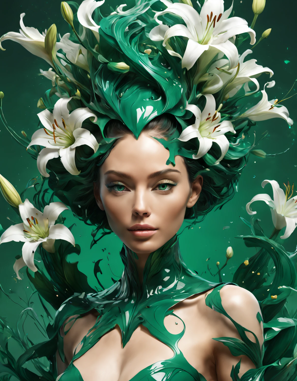 double contact，（Girl with lilies all over her body and head），emerald and white，,Rendered by Octane，unreal-engine，Rococo paper cutting，Fantasyart，Surreal