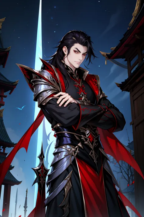 vampire man, Hanfu, long sword, cabelos preto e longos, red eyes，Shoulder armor，Shoulder hugs，clothes details，natta，starrysky，ra...